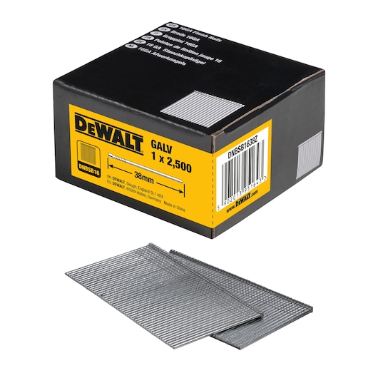 DEWALT box of galvanized 38mm nails, SKU DNBSB1638Z, includes stacks of nails in front of the pack.