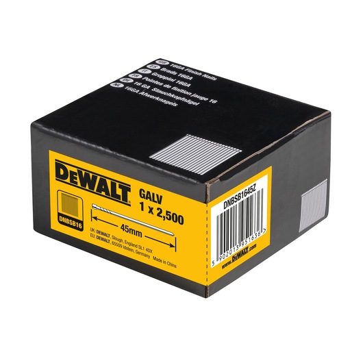 DEWALT box of galvanized nails, 45mm, model DNBSB1645Z, yellow label, barcode visible on the side.