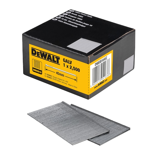 DEWALT box of 45mm galvanized nails, SKU DNBSB1645Z, shown with a sample of nails outside the box.
