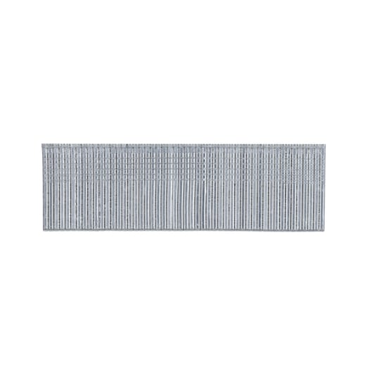 Close-up of a strip of metal nails for a nail gun, arranged in a row on a white background.