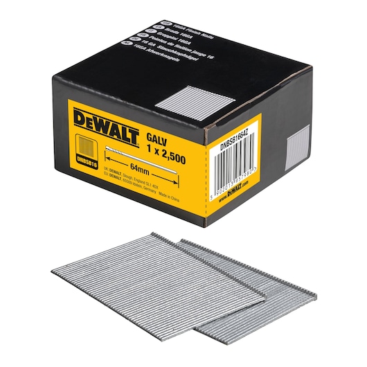 DEWALT box of 64mm galvanized nails with two stacks of nails shown in front, SKU DNBSB1664Z.