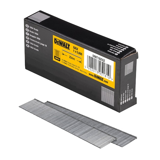 DEWALT box of 25mm galvanized brads DNBT1825GZ with strips of nails shown in front.