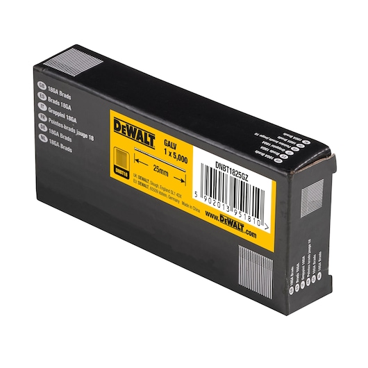 Box of DEWALT DNBT1825GZ 18GA brads, 25mm length, contains 5,000 galvanized nails for construction use.