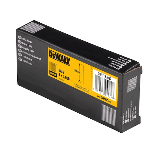 DEWALT DNBT1830GZ box of 18GA 30mm galvanized brads for nailers, 5,000 pieces.