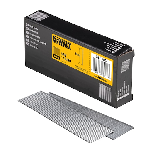 DEWALT box of 30mm galvanized brads, DNBT1830GZ, contains 5,000 nails. Nails are shown outside the box.