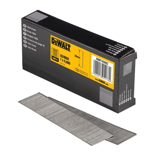 DEWALT box of 18GA brads, stainless steel, 30mm, SKU DNBT1830SZ, with visible brads in front of the box.