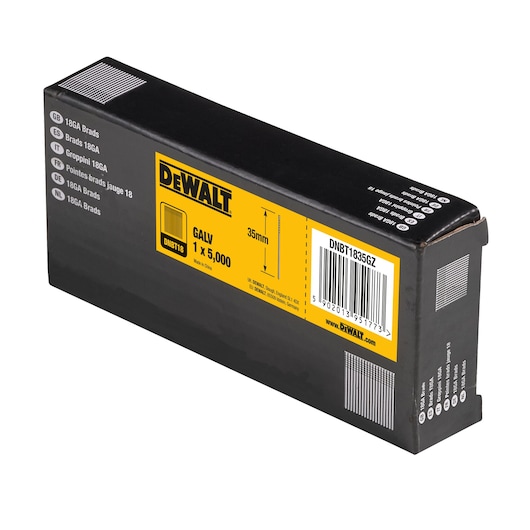 DEWALT box of 18GA galvanized brads, 35mm, DNBT1835GZ, contains 5,000 brads.