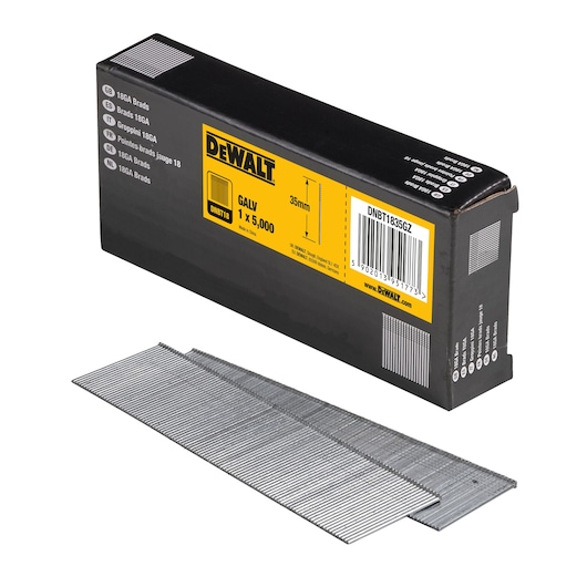 DEWALT DNBT1835GZ box of 35mm galvanized brads, pack of 5,000. Product and brads shown.