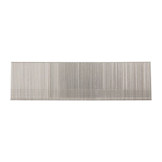 A strip of metal nails for a nail gun, shown in a horizontal arrangement on a white background.