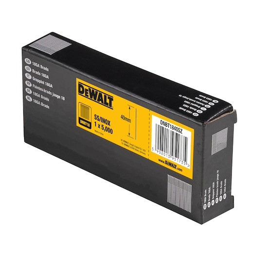 DEWALT DNBT1840SZ box of 18GA 40mm stainless steel brads, contains 5,000 nails for use with nail guns.