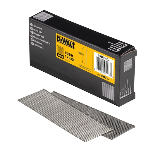 DEWALT box of 40mm stainless steel brads, SKU DNBT1840SZ, with some brads displayed in front.