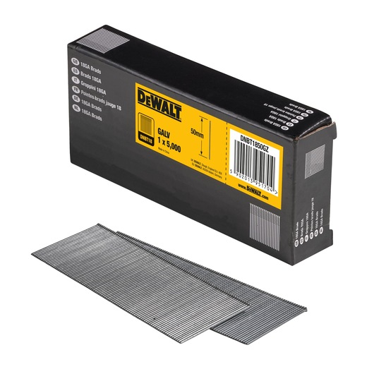 A DEWALT box of 18GA brads, model DNBT1850GZ, with two stacks of metal brads displayed in front. The packaging is black with a yellow label showing product information, including the size 50mm, quantity of 5,000 brads, and a barcode.