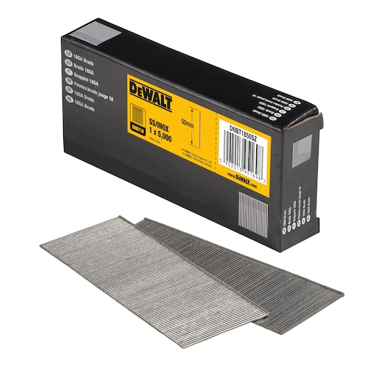DEWALT box with stainless steel brads, model DNBT1850SZ, shown with two stacks of brads in front.