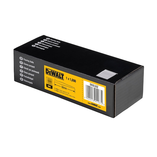DEWALT DNDL50Z box of 50mm flooring nails, 1,000 pieces, black and yellow packaging with barcode.