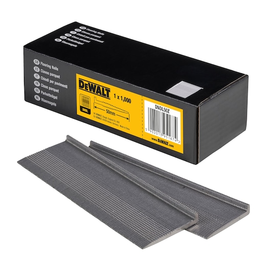 DEWALT flooring nails, 50mm, box of 1,000. Front view shows nails and packaging with product details.