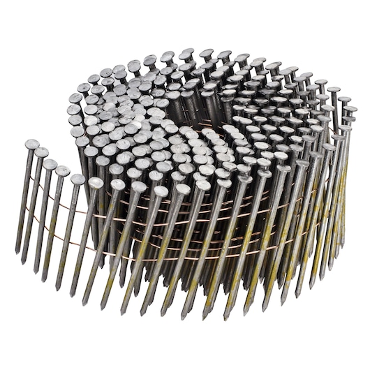 Coiled strip of metallic nails for a nail gun, arranged in a spiral for easy loading and fastening applications.