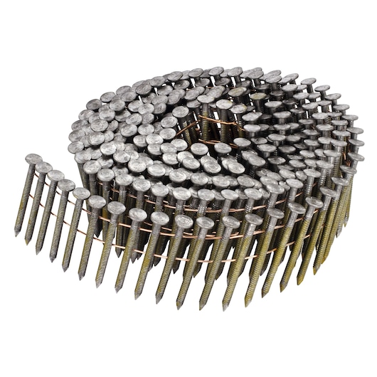 Coil of collated nails used in nail guns, arranged in a spiral for efficient loading and fastening.