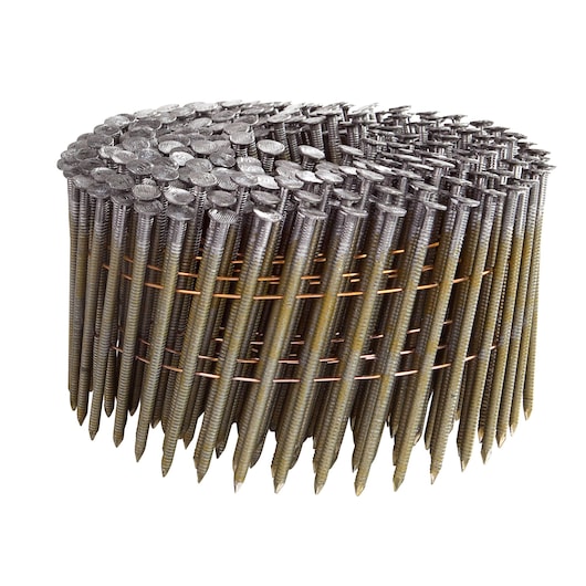 Coiled strip of metal nails, tightly packed and wired together for use in a nail gun.