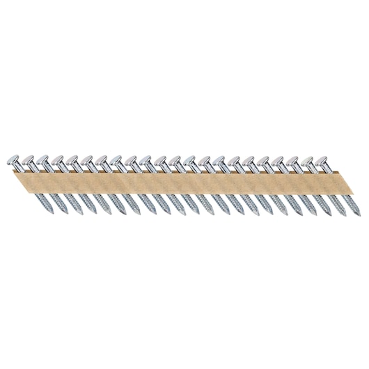 Strip of collated metallic nails arranged in a row, designed for use with a nail gun.