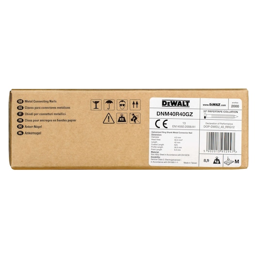 DEWALT DNM40R40GZ box of metal connecting nails, labeled in multiple languages with specifications and safety icons.