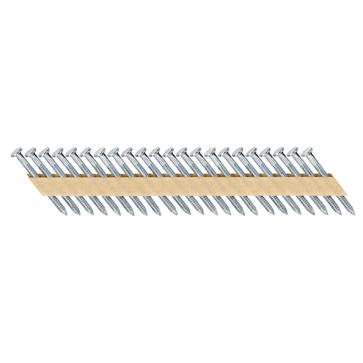 A strip of DEWALT collated framing nails, angled and held together by paper tape.