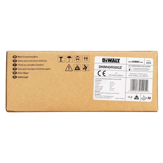 DEWALT box of metal connecting nails DNM40R50GZ for construction. Brown packaging with product info label.