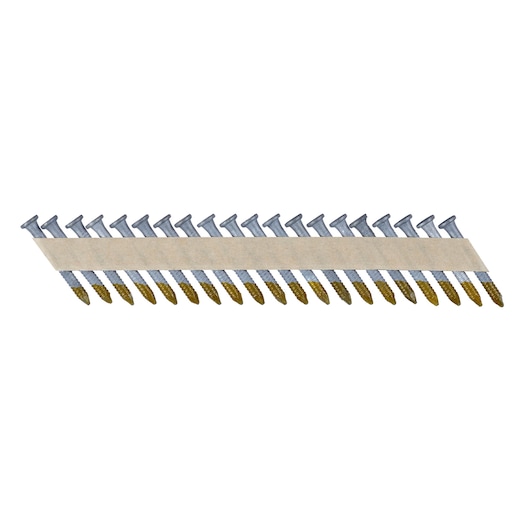 Strip of collated DEWALT nails with paper, angled for use in a nail gun, suitable for construction or carpentry.