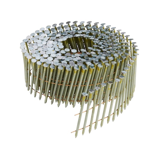 A coil of collated nails with wire, arranged in a spiral shape, used for nail guns and construction applications.