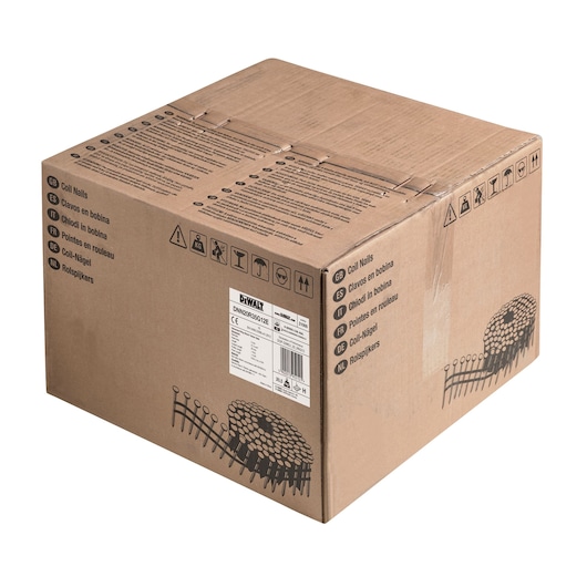 Brown DEWALT box of coil nails with product info, warning icons, and nail illustration.