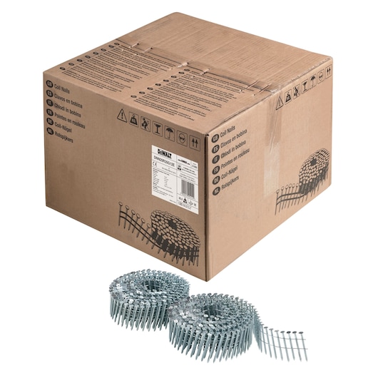 DEWALT box of coil nails with two metal nail coils displayed in front, suitable for construction or carpentry use.
