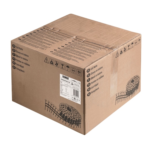 Brown DEWALT box with product info and icons, containing coil nails for construction or carpentry.