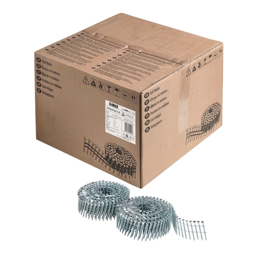 DEWALT box of coil nails, product label visible, two metal coil nail rolls displayed in front.