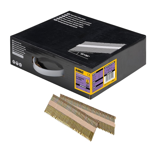 DEWALT box of paper collated nails with two strips shown in front, intended for construction or framing tools.