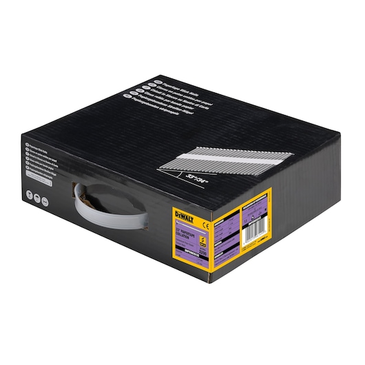 DEWALT box containing 33-degree collated nails for nail guns. Black packaging with handle and product details.