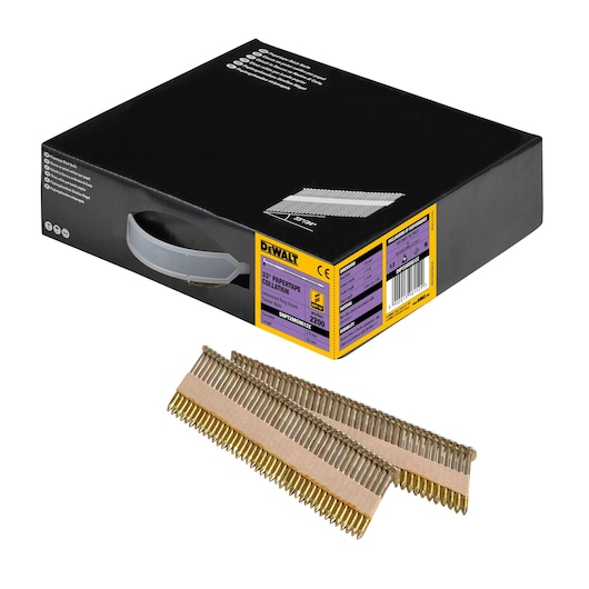 DEWALT box of nails with strips of paper collated nails placed in front.