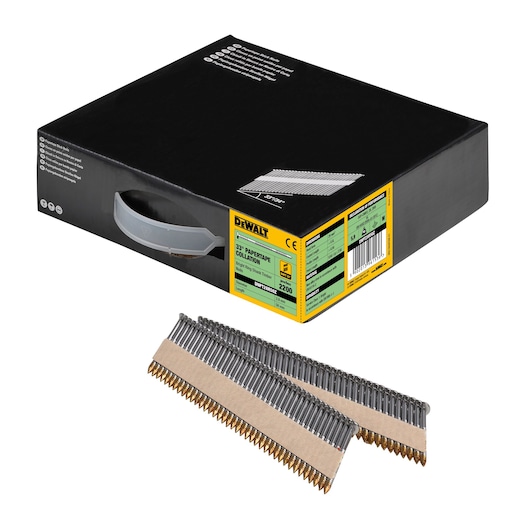 DEWALT box with paper collated nails, DNPT28R50Z, for nail guns. Two strips of nails shown in front.