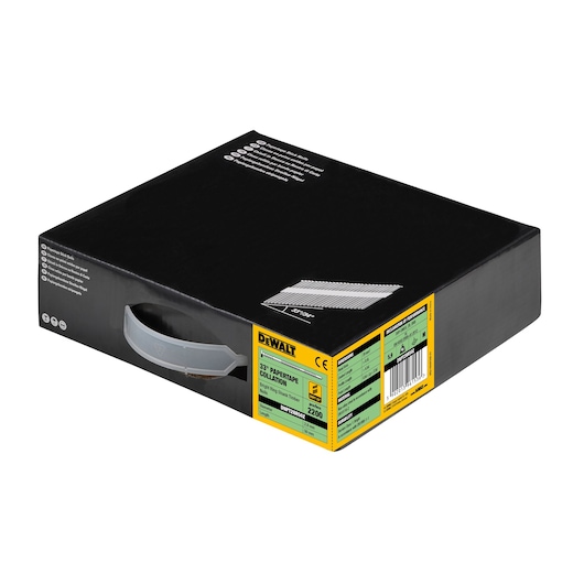 DEWALT box of 33° paper tape collated nails, black with yellow label, handle on side, for construction use.