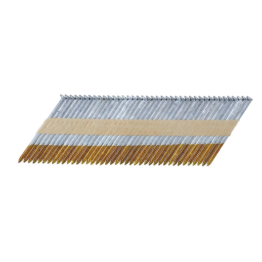 A strip of collated nails held together by a paper tape, with the pointed ends facing downward and the heads aligned at the top. The nails have a metallic finish with gold coloring at the tips.