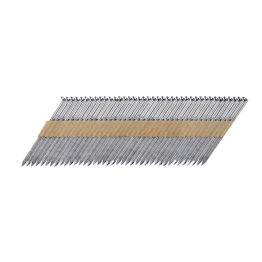 Angled strip of collated metal nails held together with a paper strip for use in a nail gun.