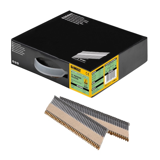 DEWALT box of 23° paper collated nails, SKU DNPT28R63Z, with strips of nails shown in front of the packaging.