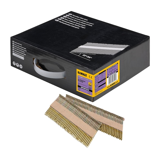 Box of DEWALT nails for nail guns, shown with nail strips for construction or carpentry projects.