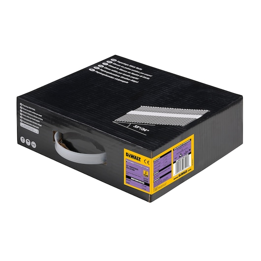 DEWALT black box with a handle, labeled for nails, product information visible on the side.