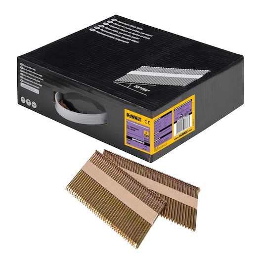 DEWALT box of collated nails with two strips shown outside for use in nail guns.