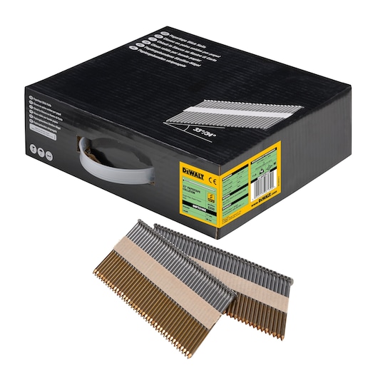 Box of DEWALT nails for photography, with two strips of nails shown outside the package.