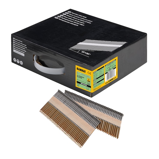 Box of DEWALT nails with two strips of collated nails shown in front for framing applications.
