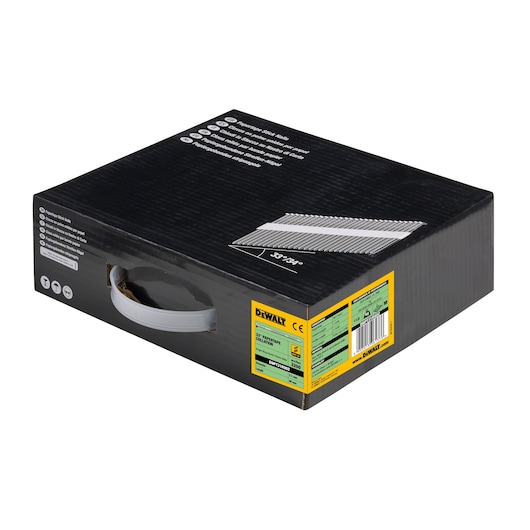 DEWALT box of nails, angled, professional packaging with handle and product details on the side.