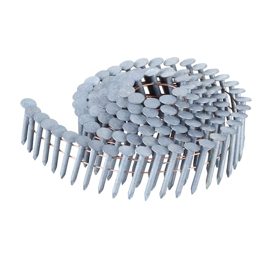Rolled strip of collated nails for a nail gun. Silver, coiled, industrial hardware on white background.