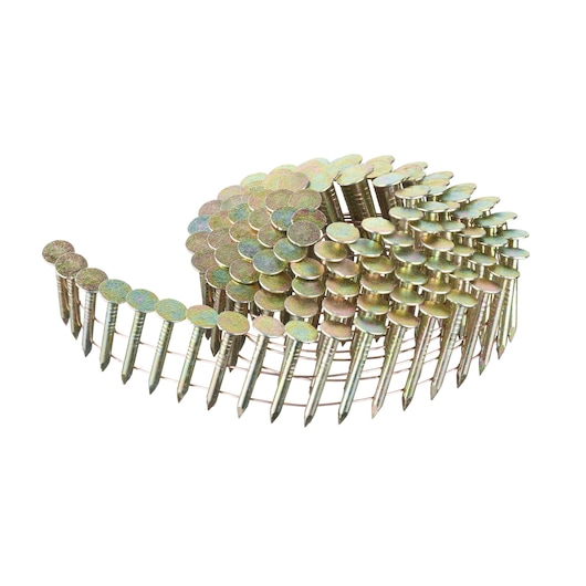 Coiled strip of galvanized nails for use in nail guns, arranged in a spiral pattern.