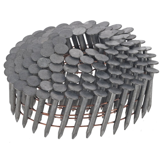 Close-up of a coil of galvanized nails for nail guns, arranged in a circular pattern.