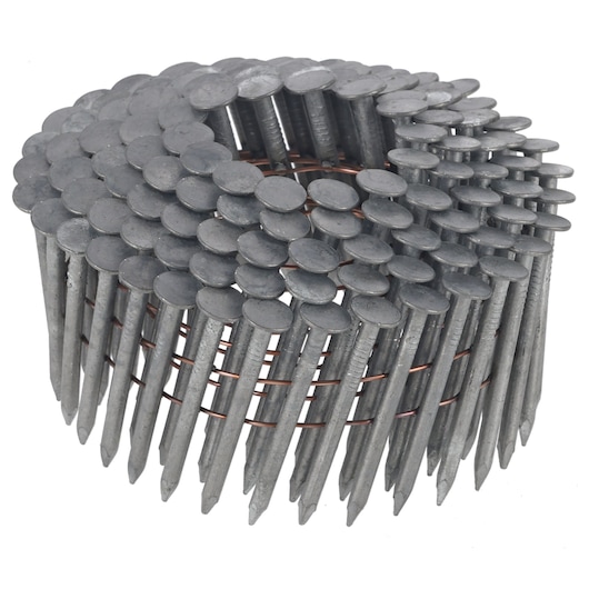 A coil of galvanized nails arranged in a spiral, used for nail guns in construction and woodworking.